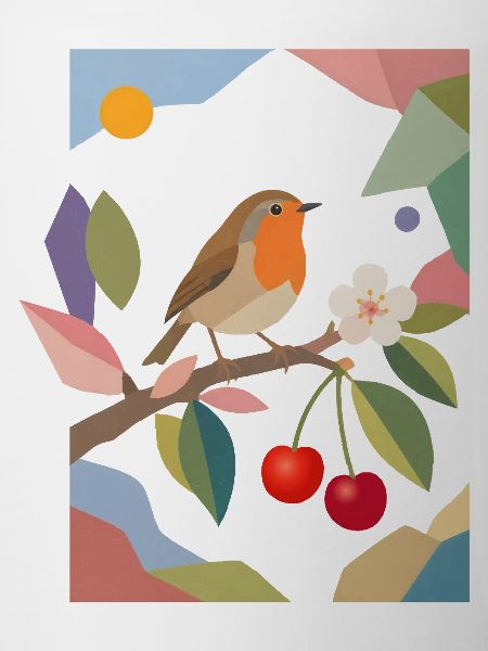 Robin Bird on Branch Cherry Design
