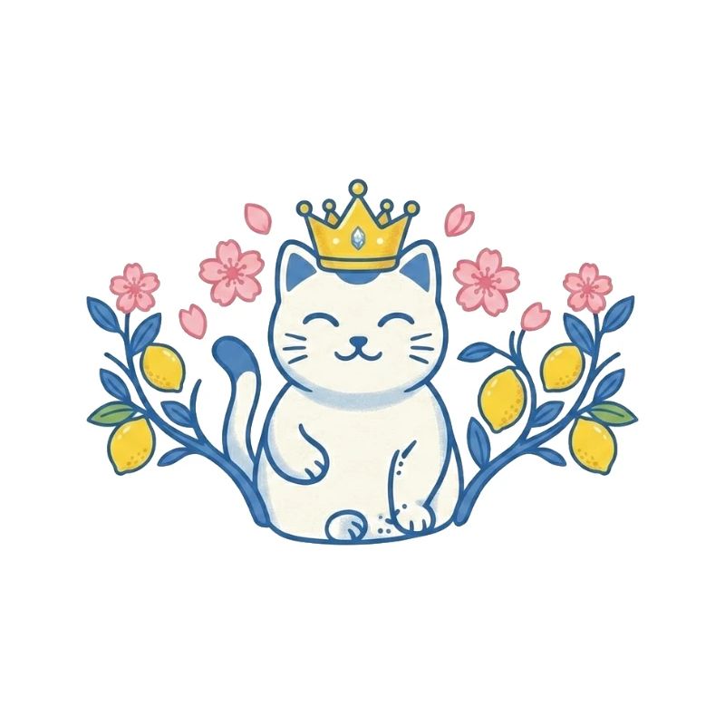 Katze mit Krone zwischen Blumen