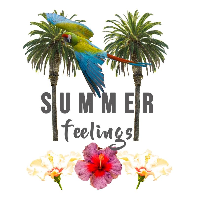 Sentiments d’été, palmiers fleurs d’hibiscus perroquet gris