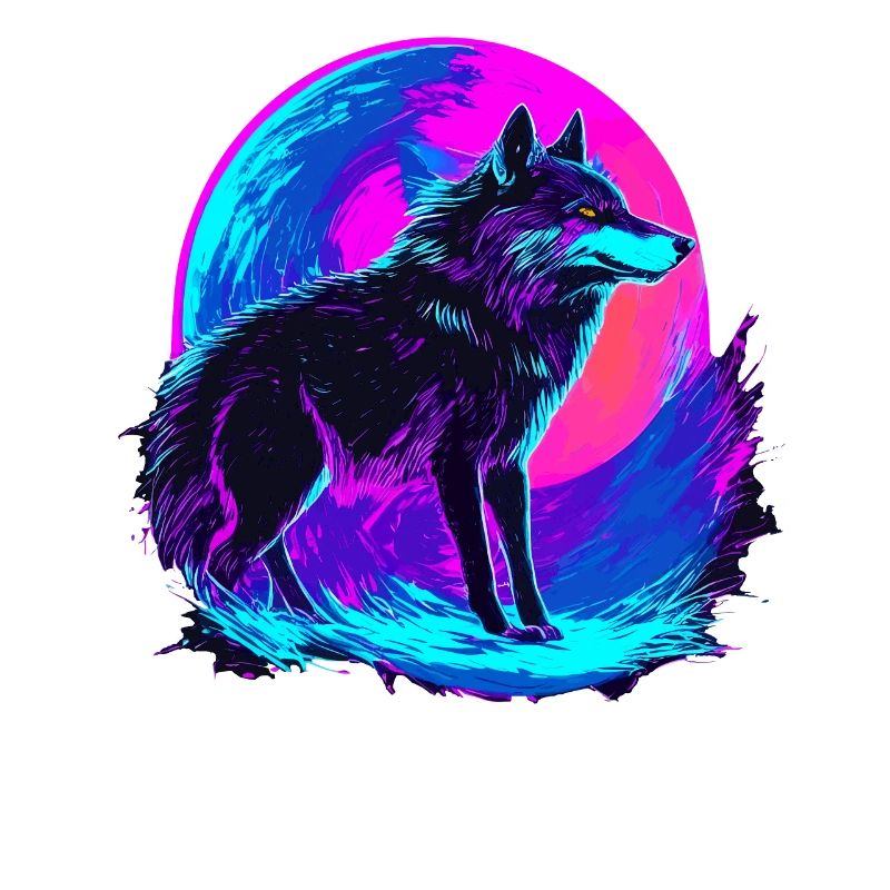 Colorful Wolf Neon Moon Synthwave