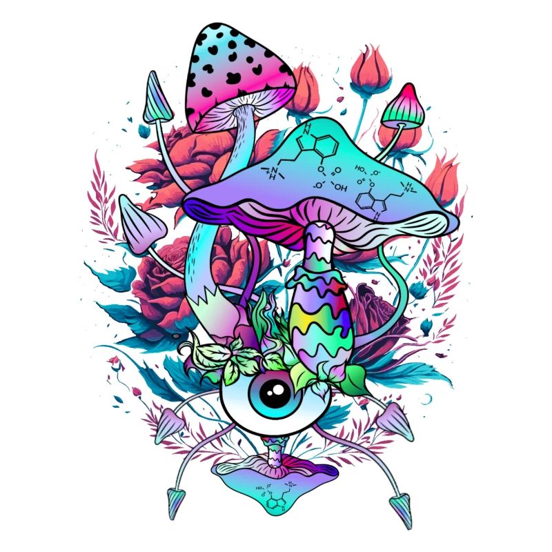 Art des champignons psychédéliques avec un œil et des fleurs