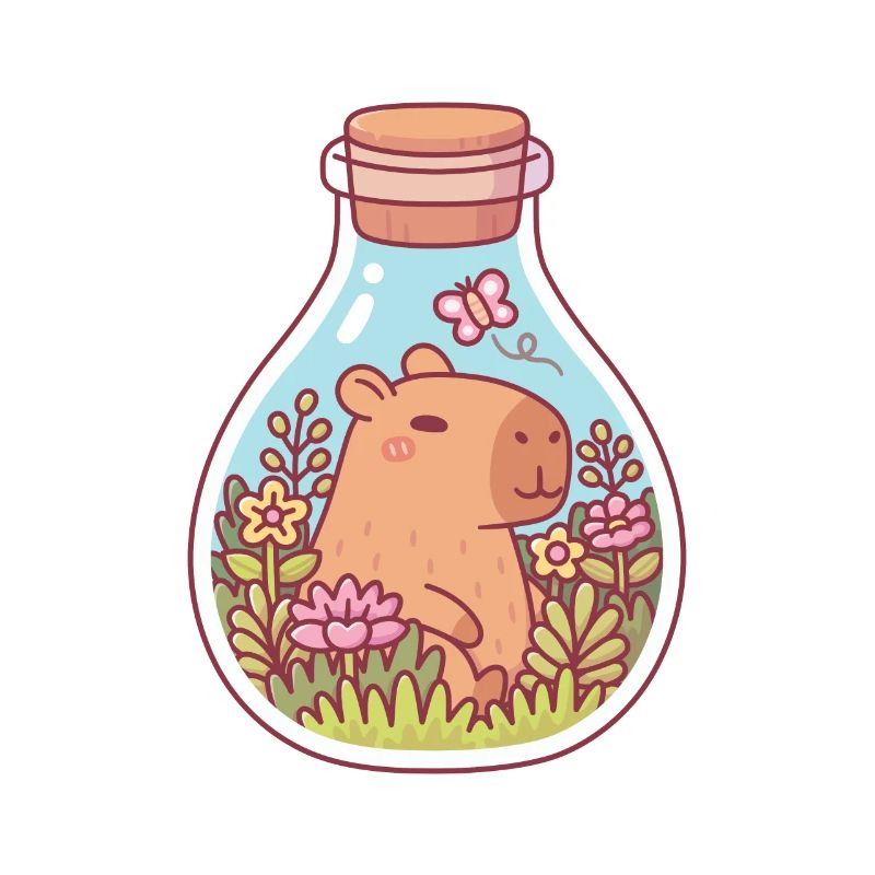 Capybara mignon et papillon dans une bouteille