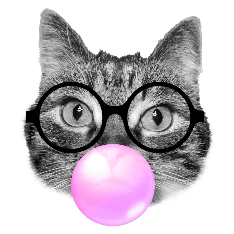 Katze trägt Lesebrille und rosa Kaugummi