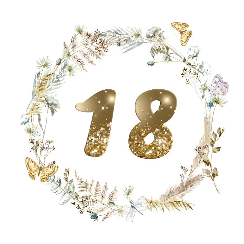 Number 18, glitter, boho wreath, customizable