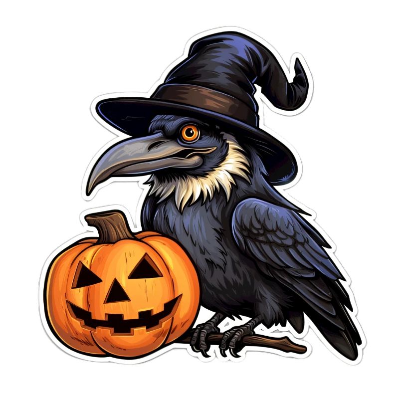 Halloween raven with witch hat on pumpkin