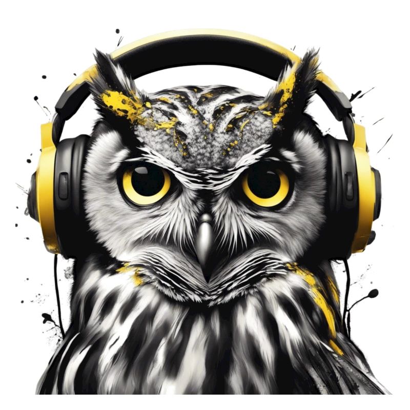 Hibou avec casque d’écoute dans un style monochrome
