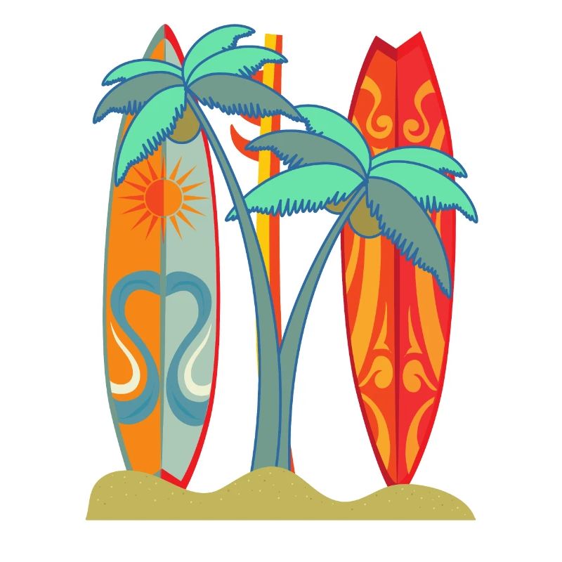 "Surfboard Beach" Palm Trees Illustration Design
