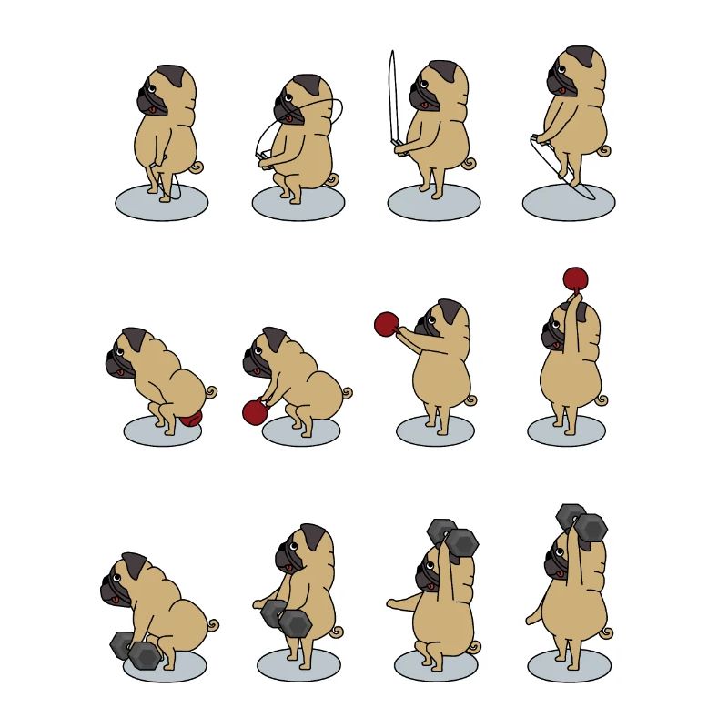 fitter Mops macht Sport mit Dumbbell, Kettlebell