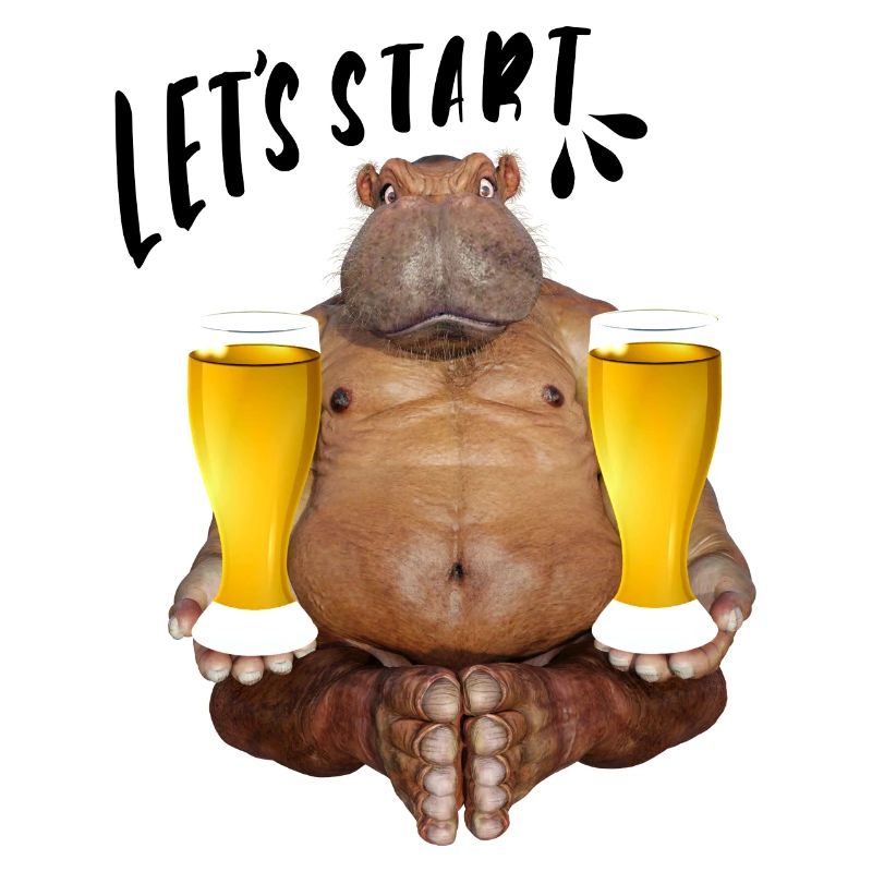 Comic, hippo with 2 beer glasses in each hand