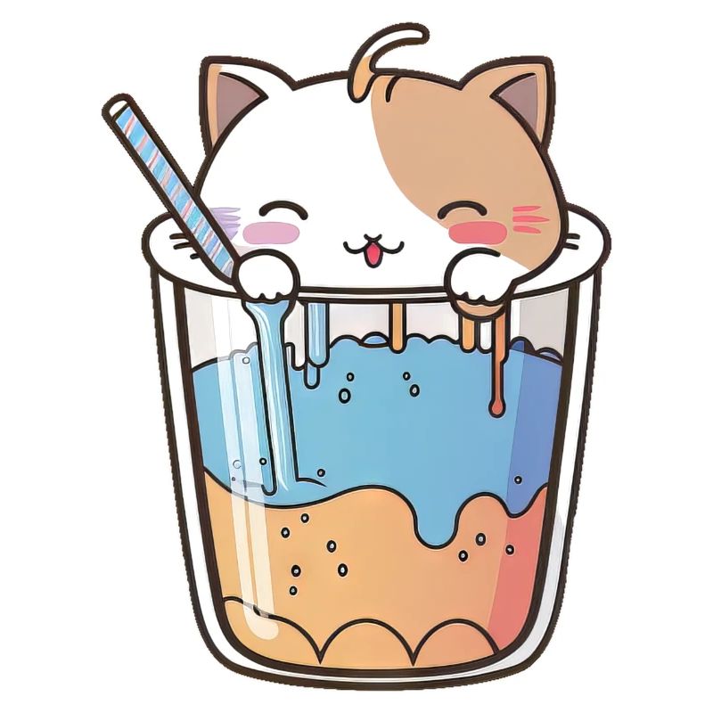 Kawaii Cute Happy Colorful Cat Drinking Bubble Tea