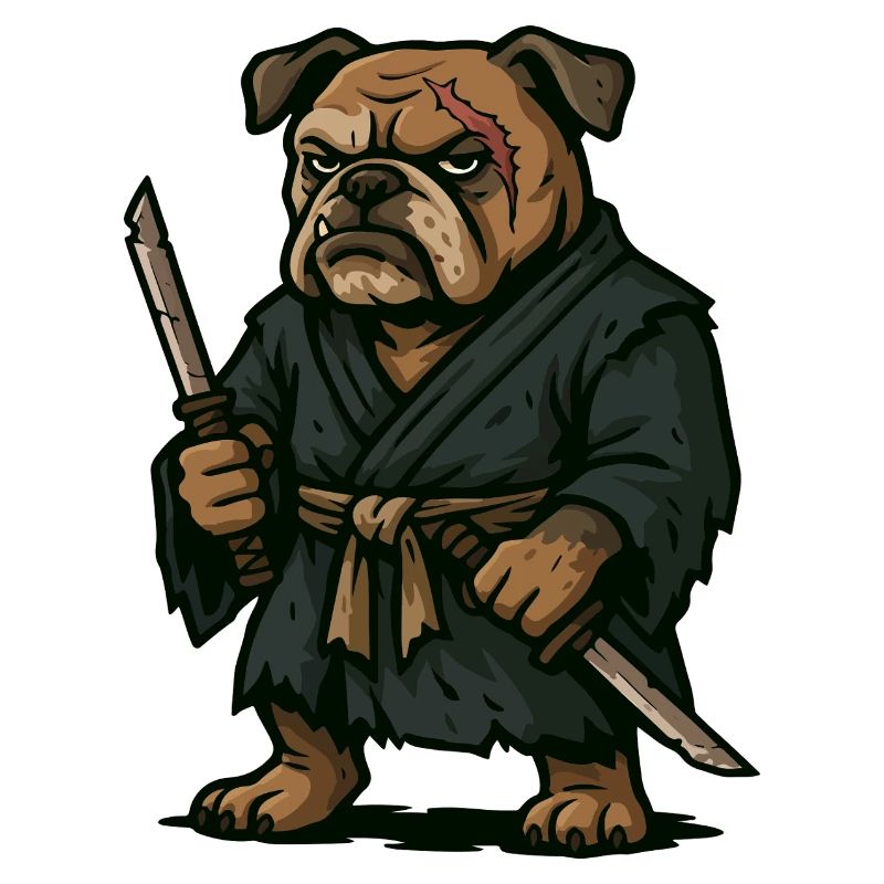 Guerrier samouraï bouledogue avec deux lames Katana
