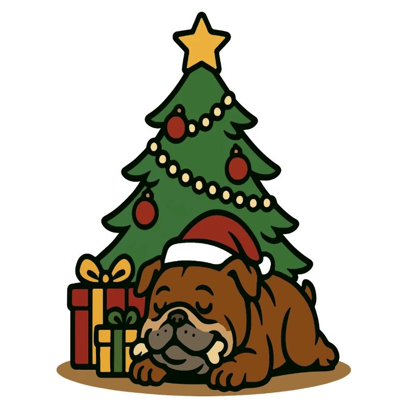 Christmas Bulldog Sleeping by Tree Art
