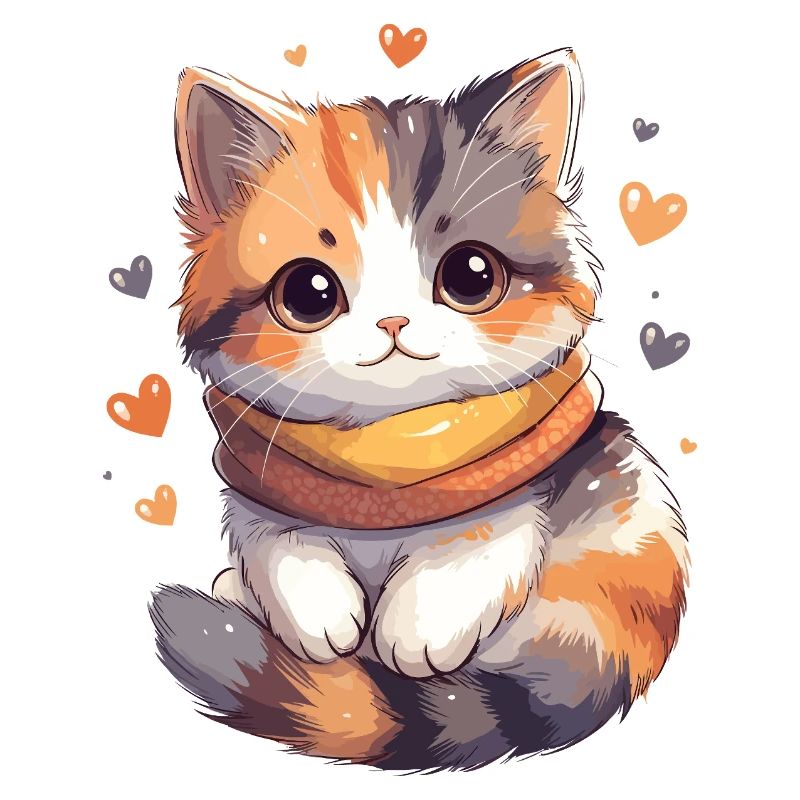 Chaton calico avec écharpe et coeurs