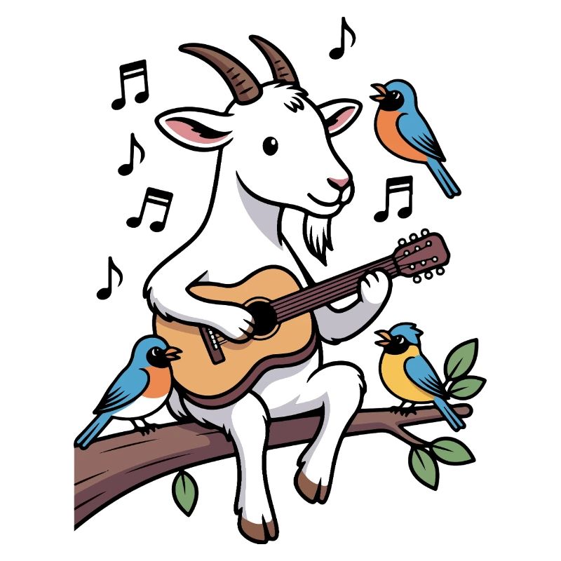 Chèvre guitariste entourée d'oiseaux