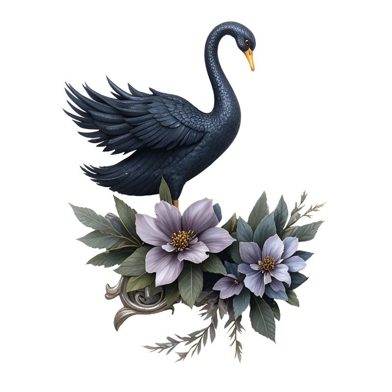 Cygne noir avec des fleurs de lilas