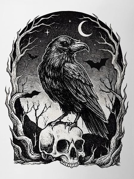 Raven over skull in the moonlight