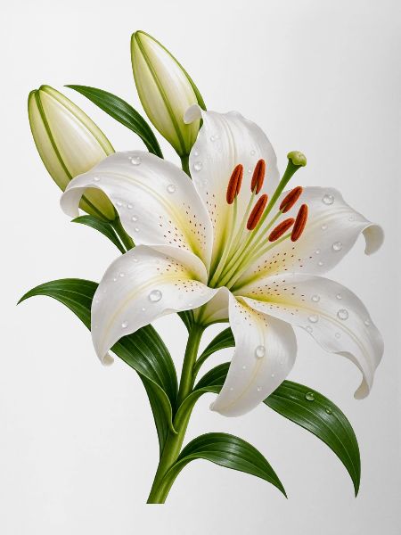 Weiße Lilienblüte mit Tau