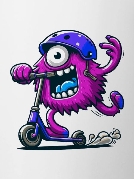 cute funny pink monster on escooter