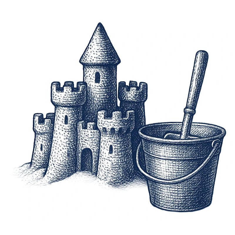 Conception fantaisiste de château de sable et de godet