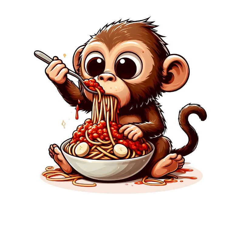 Singe dégustant des spaghettis à la bolognaise