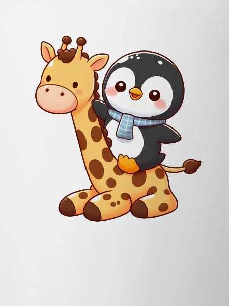 Penguin rides giraffe
