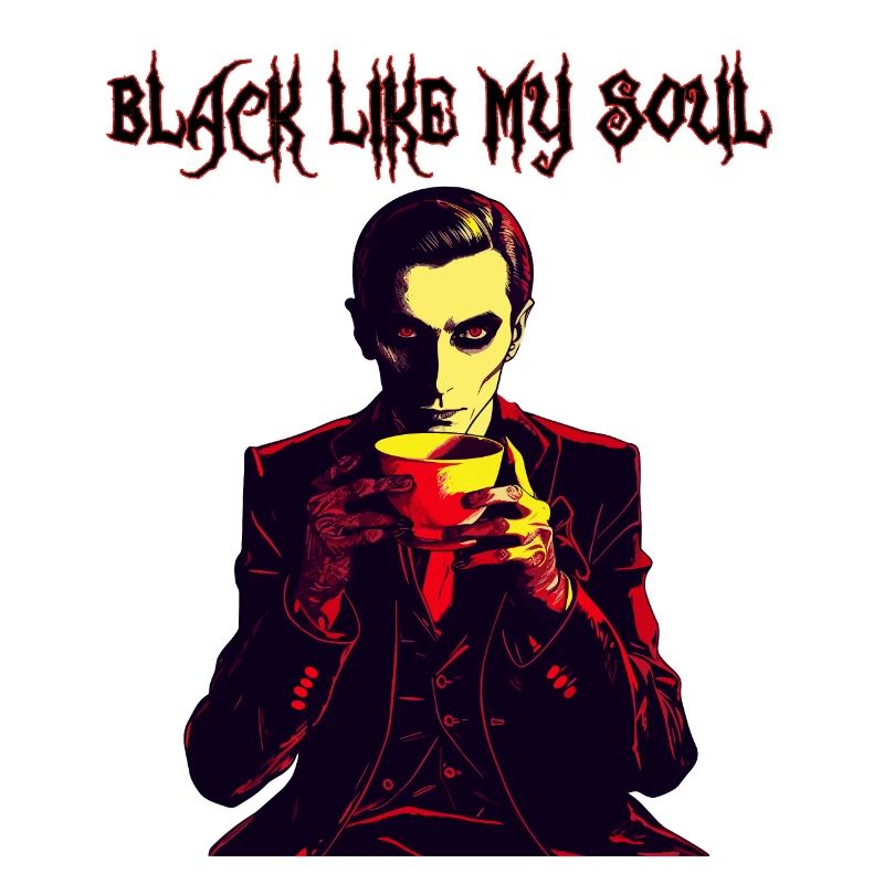 A creepy vampire drinking coffee