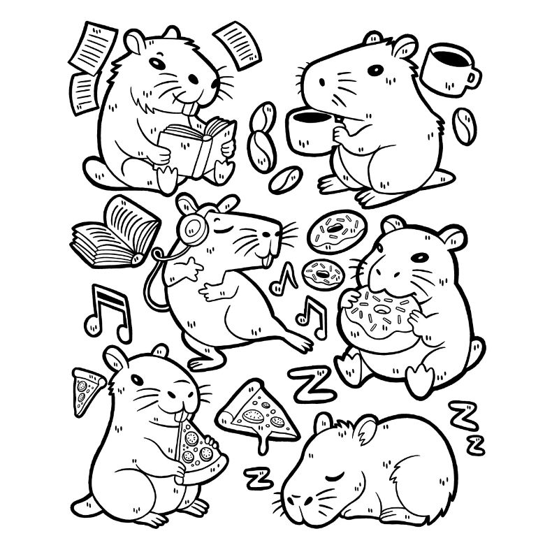 Capybara Doodle: Pizza, Kaffee, Donut, Musik, Buch