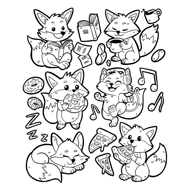 Fox Doodle: Pizza, Donut, Coffee, Music, Book