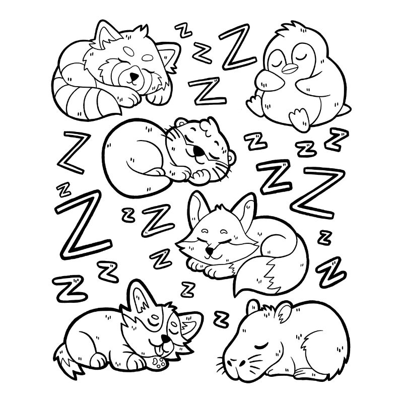 Sleeping animals: capybara, fox, corgi, otter