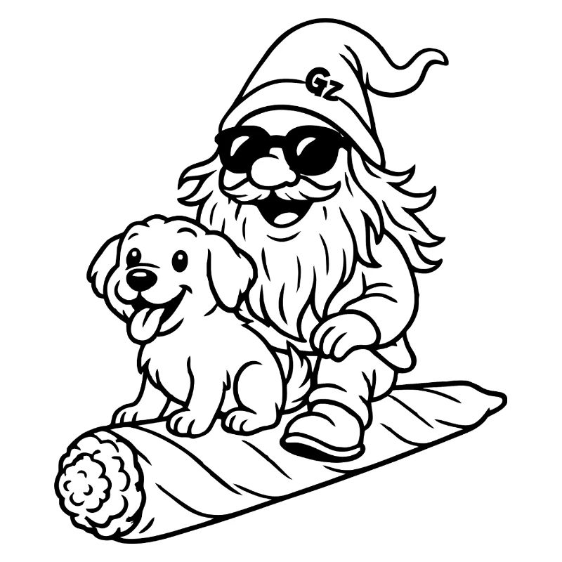 Cooler Zwerg auf fliegendem Joint mit Hund