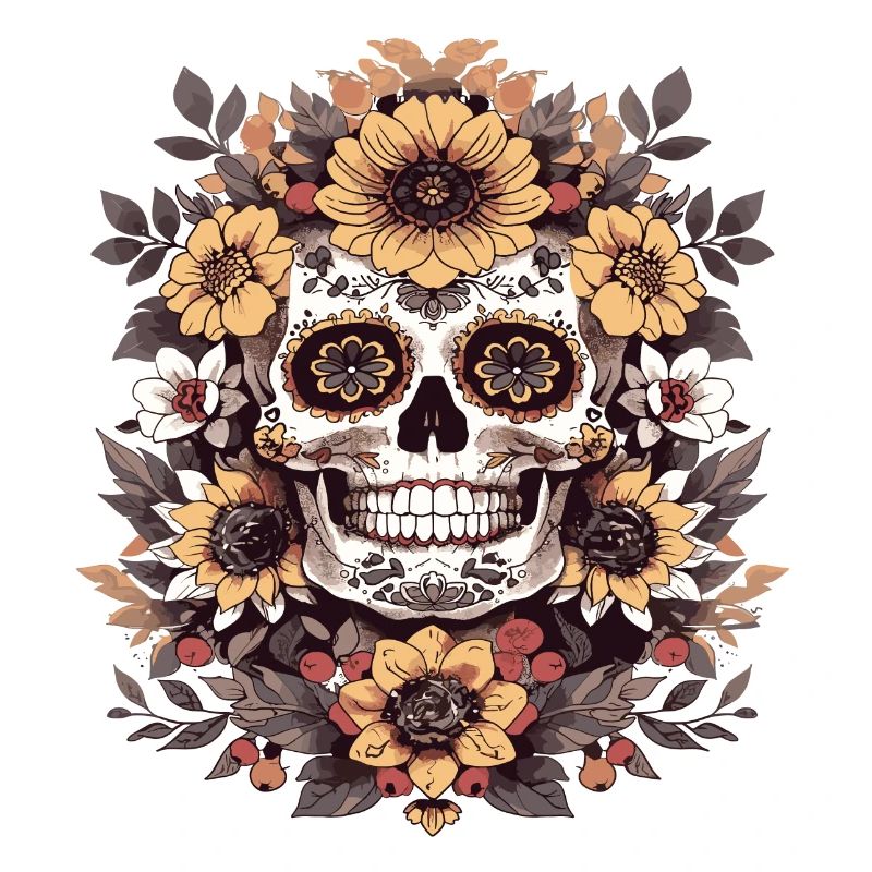 Une tête de mort entourée de fleurs colorées