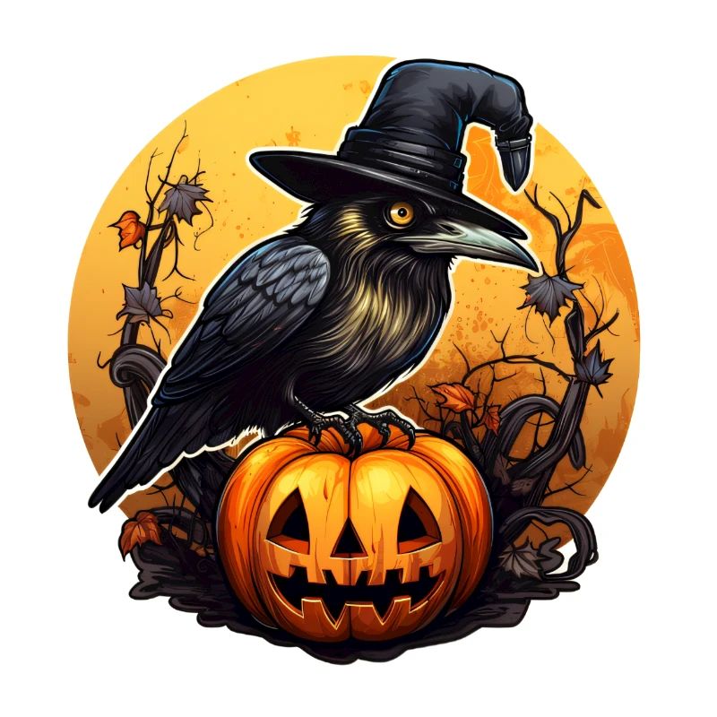 Corbeau d’Halloween avec chapeau de sorcière sur citrouille