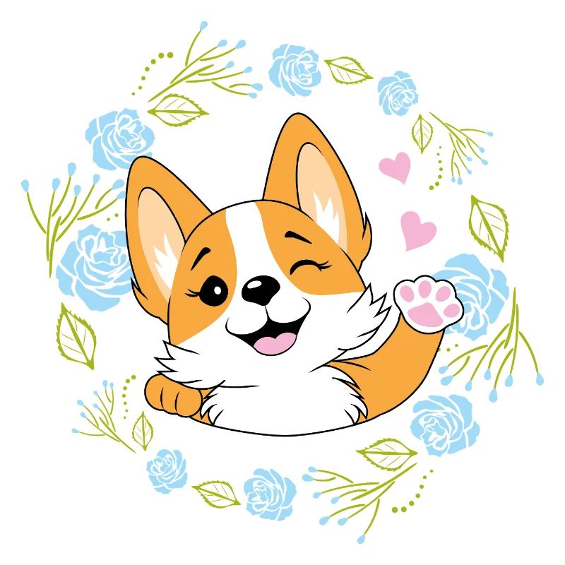Agitant un chien Corgi heureux dans une couronne de fleurs