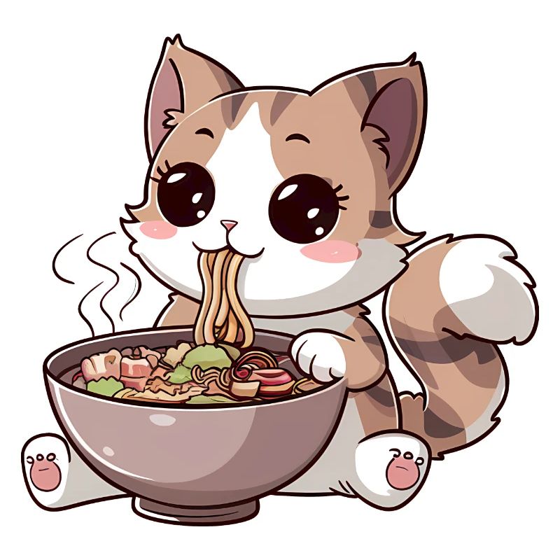 Chat Kawaii mangeant des ramen