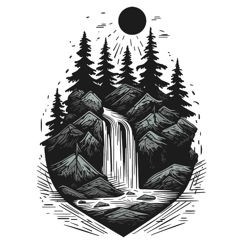 Tattoo style waterfall pine tree outdoor logo