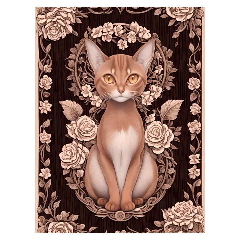 Gravure sur bois d’un chat avec des roses