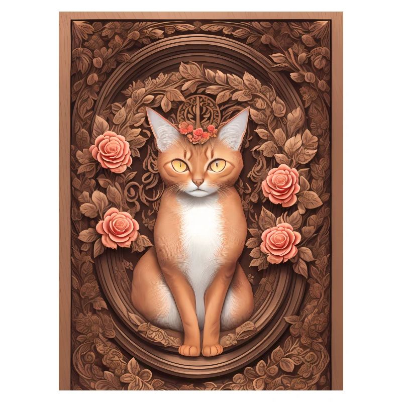 Gravure sur bois d’un chat avec des roses