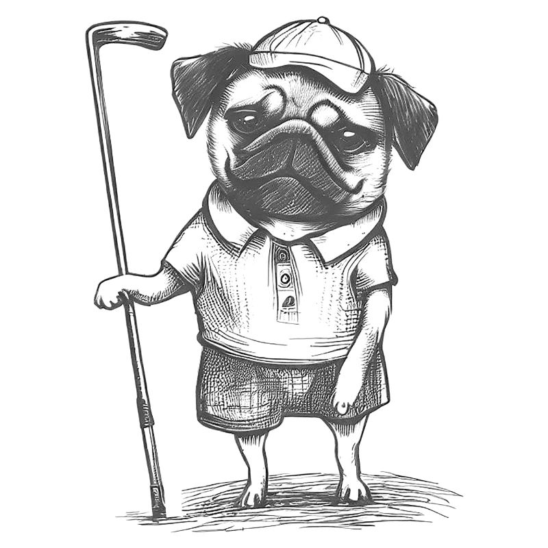 Mops Golfer Bleistiftzeichnung