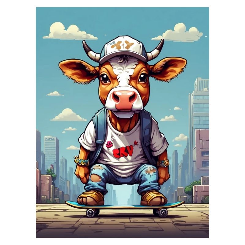 Comic Kuh auf Skateboard