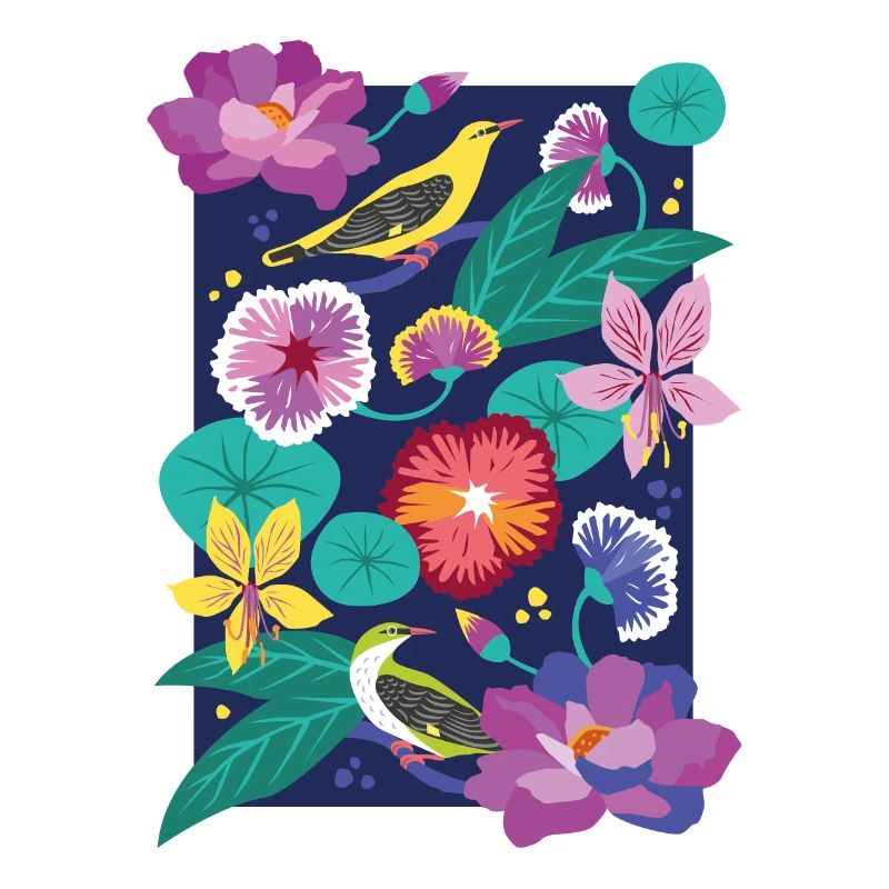 fleurs feuilles oiseau imprimé graphique / illustration
