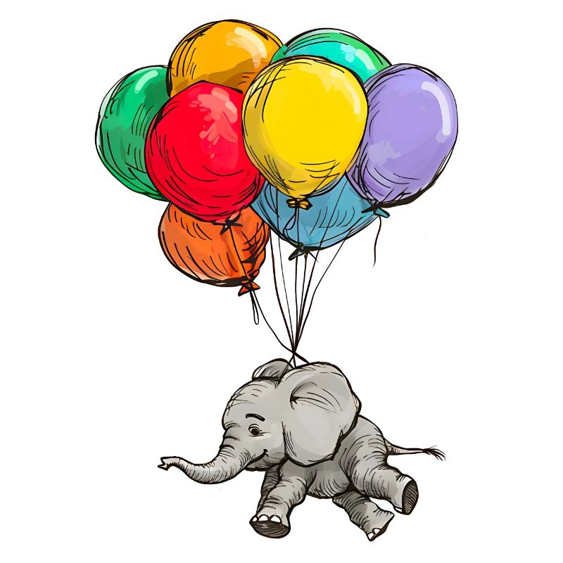 Elefant schwebt mit Bunten Luftballons