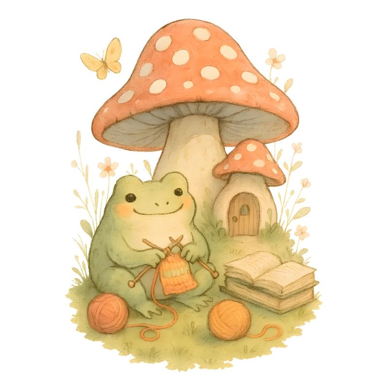 Knitting frog in front of toadstool house