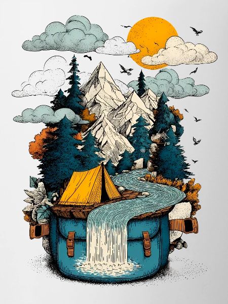 Mountain Lake Path - Camping Backpacker Motif