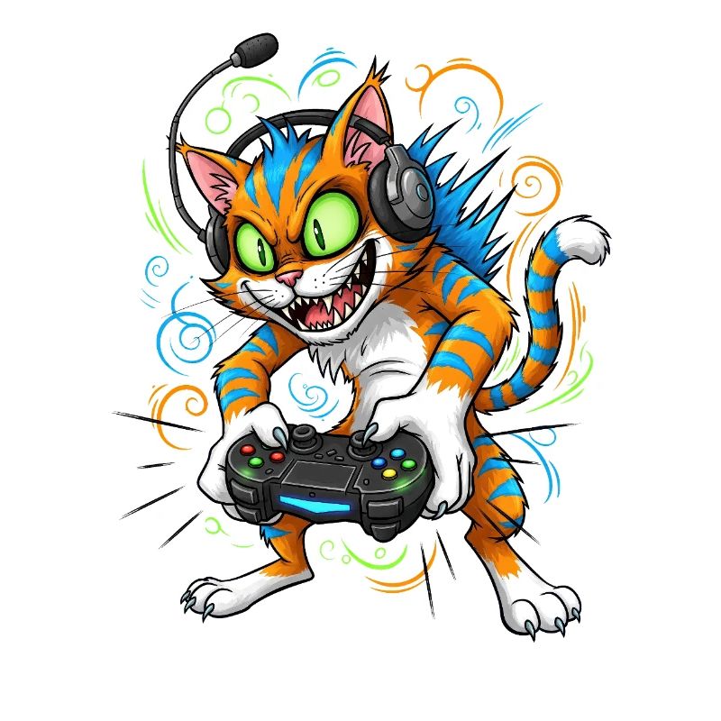 Neon Gaming Katze mit Controller Gamer Kater