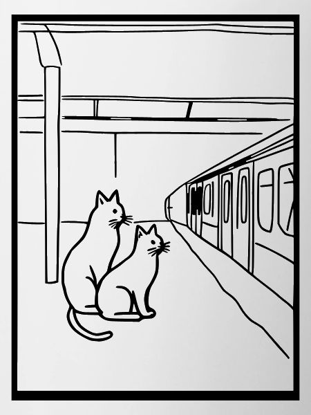 Cats Train Station Waiting Line Art