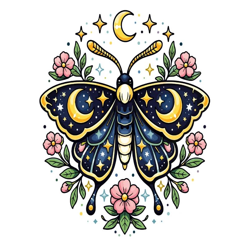 Papillon céleste lune fleurs étoiles