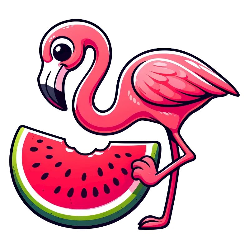 Flamant rose mignon avec un style de dessin animé de pastèque
