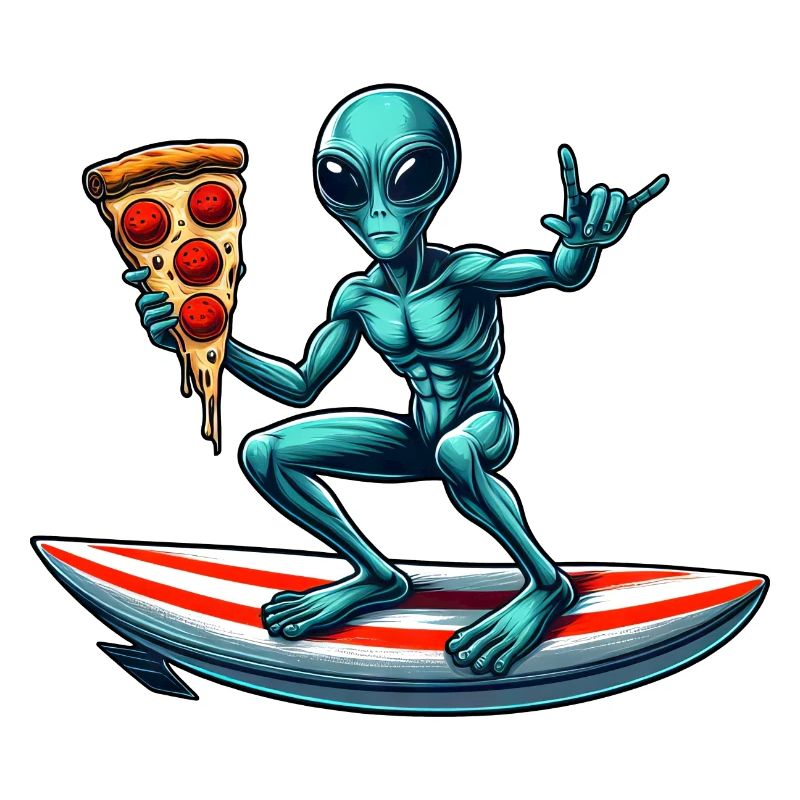 Surfeur extraterrestre avec pizza sur planche de surf