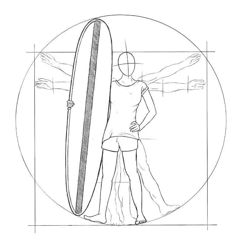 Surfeur humain de Vitruve avec planche de surf