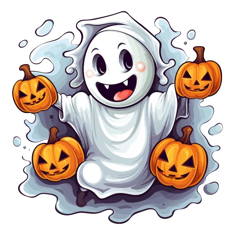 Funny Halloween Ghost with Pumpkin Lanterns